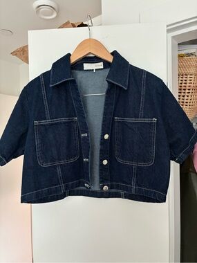 Zara Cropped Dark Wash Denim Jacket - Boxy Short Sleeve